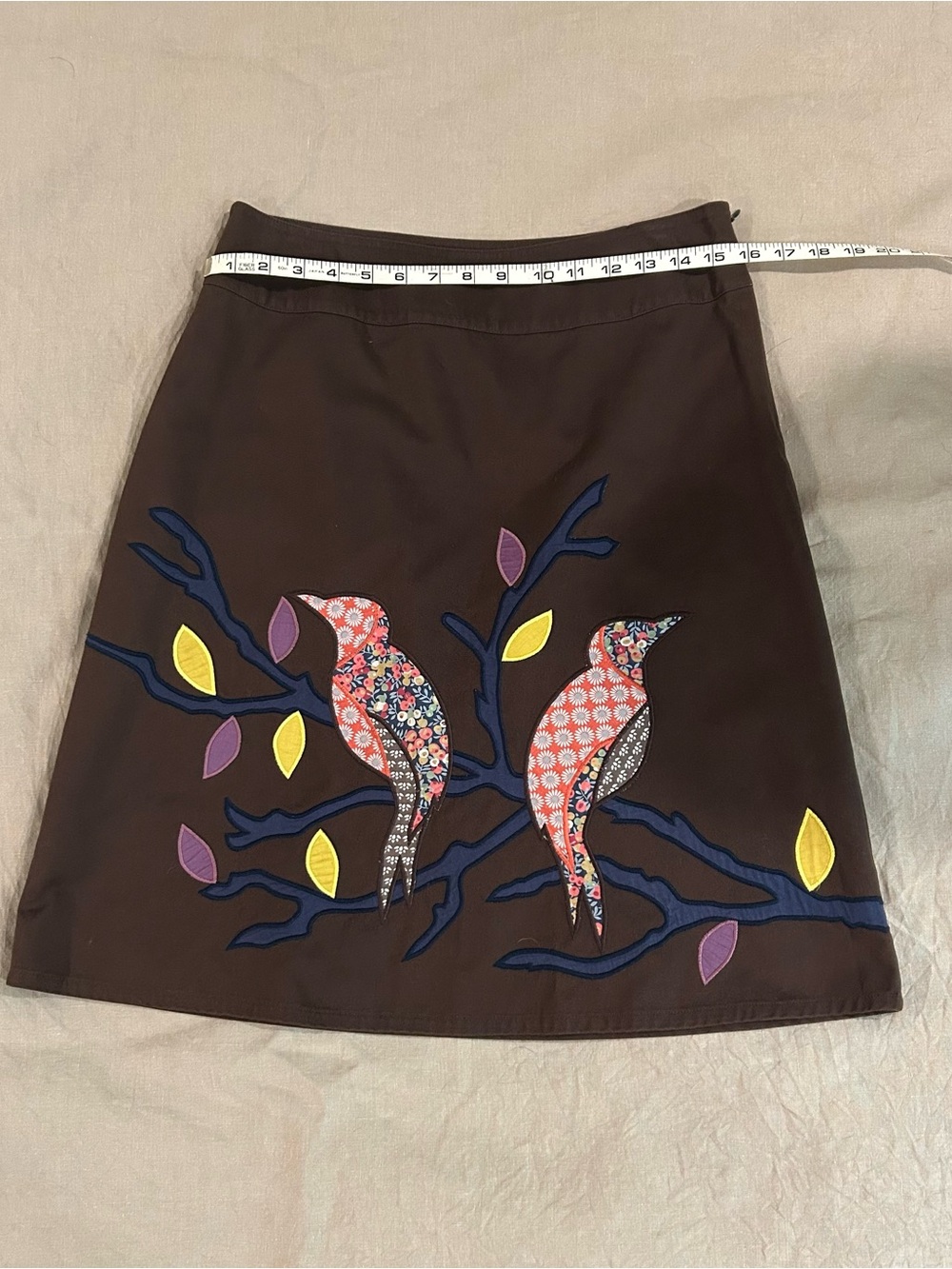 Boden Brown A-Line Skirt with Bird Appliqué